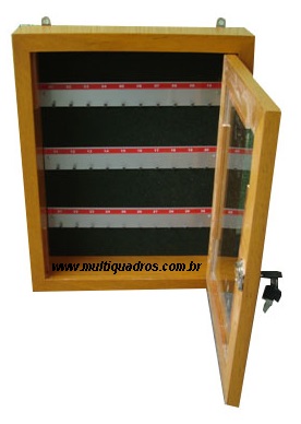Claviculário de Madeira com Porta de Vidro de Abrir, Fundo em Carpete e Placa de Identificação dos Números